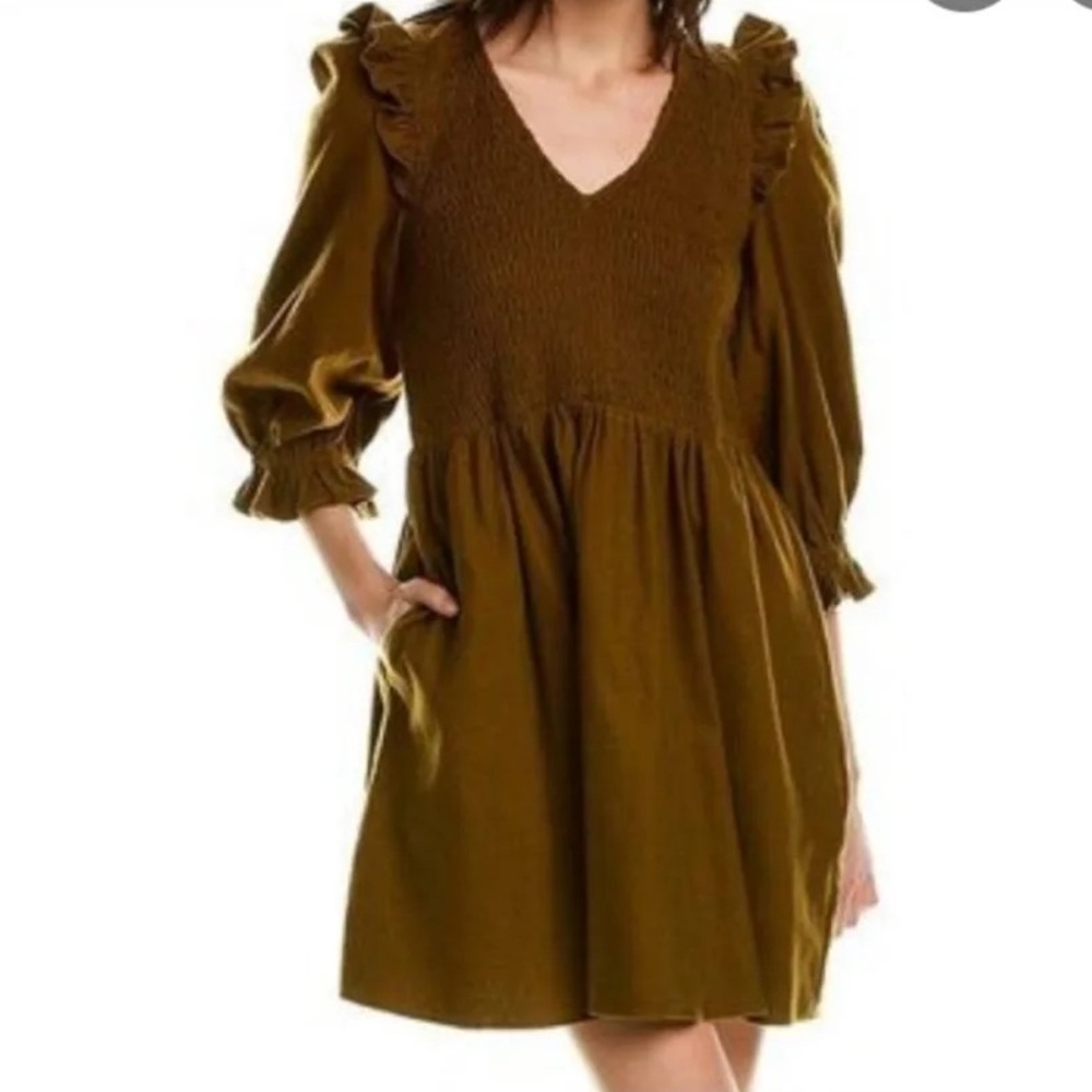 Madewell Lucie V Neck Smocked Long Sleeve Dress in Olive Green